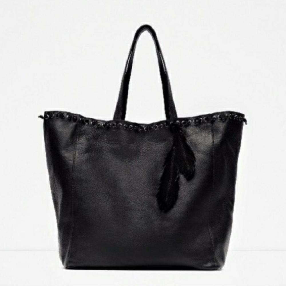 Zara Black Leather Feather Charm Tote
